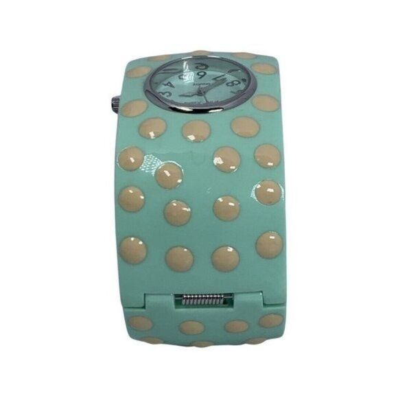 VTG BETSEY JOHNSON Green Polka Dot Hinged Woman\'s Bangle Watch 7\